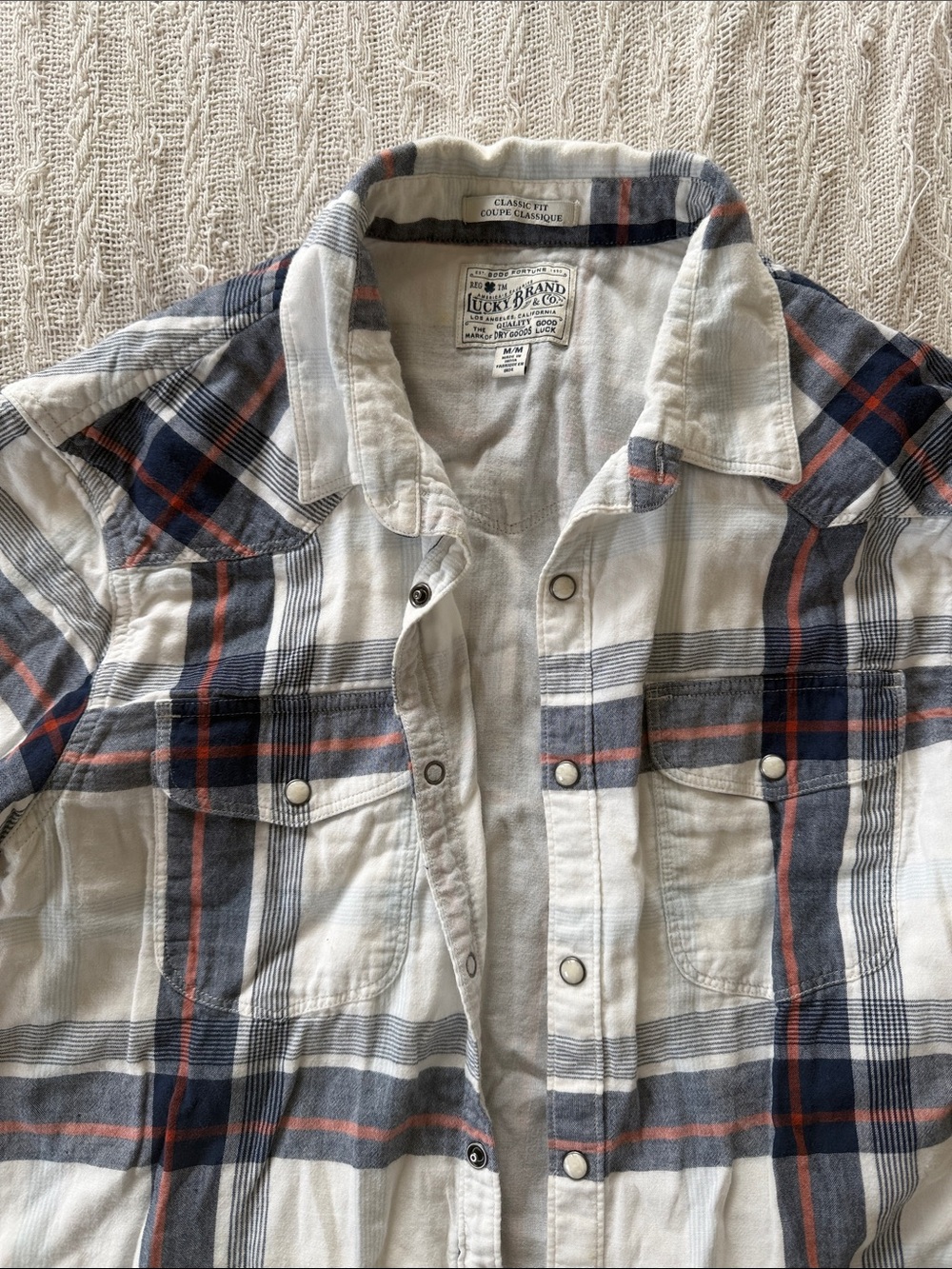 Lucky Brand Men’s White Plaid Button-Down Shirt with Navy and Rust Accents